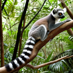 **

A ring-tailed lemur with a striking black and white striped tail, perched on a branch in a Madagascar forest. The lemur is holding its tail high, as if communicating. Focus on the lemur's expressive face and the detailed texture of its fur and tail. The background should show lush green foliage.

**