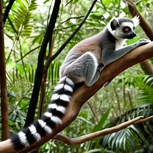 Home 14 **
A ring-tailed lemur with a striking black and white striped tail, perched on a branch in a Madagascar forest. The lemur is holding its tail high, as if communicating. Focus on the lemur's expressive face and the detailed texture of its fur and tail. The background should show lush green foliage.
**