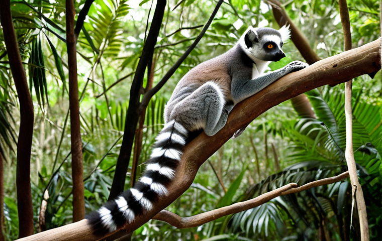 **
A ring-tailed lemur with a striking black and white striped tail, perched on a branch in a Madagascar forest. The lemur is holding its tail high, as if communicating. Focus on the lemur's expressive face and the detailed texture of its fur and tail. The background should show lush green foliage.
**