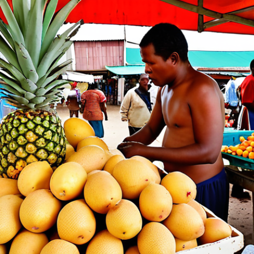 Home 7 A vibrant, bustling local market in Madagascar, filled with colorful displays of fresh tropical fruits such as lychees, mangoes, and pineapples, alongside an assortment of fresh seafood. Local vendors are animatedly interacting with customers, capturing the authentic and lively atmosphere of daily life. The scene conveys abundance and the low cost of local produce, with warm, inviting lighting.