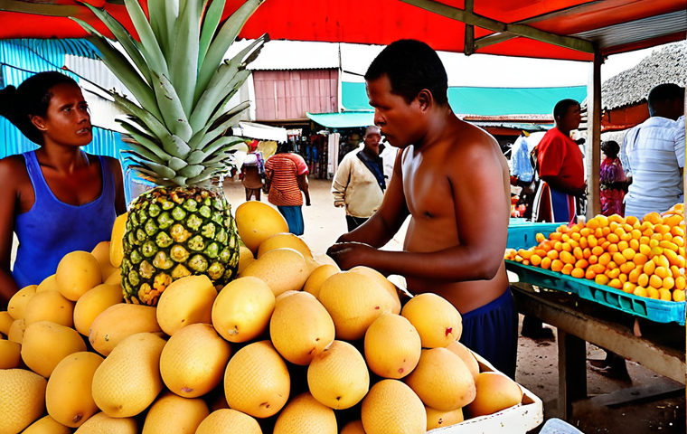 A vibrant, bustling local market in Madagascar, filled with colorful displays of fresh tropical fruits such as lychees, mangoes, and pineapples, alongside an assortment of fresh seafood. Local vendors are animatedly interacting with customers, capturing the authentic and lively atmosphere of daily life. The scene conveys abundance and the low cost of local produce, with warm, inviting lighting.